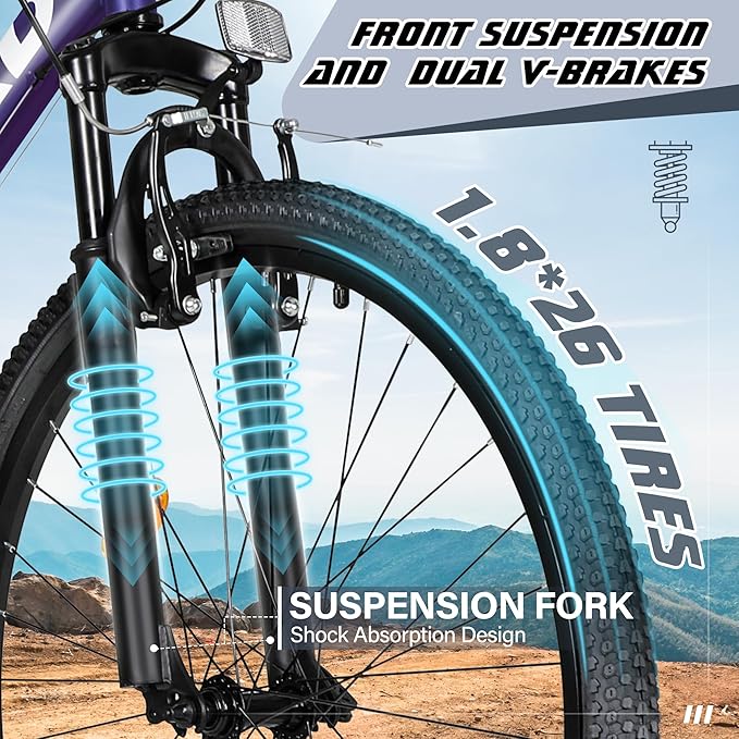 Outroad 26 Inch Mountain Bike, 7/21-Speed/High-Carbon Steel/Aviation Grade Frame, Dual Disc/V Brake, Adjustable Ergonomic Seat Bicycle for Men Women Adult, Quick Assembly in 20 Minutes