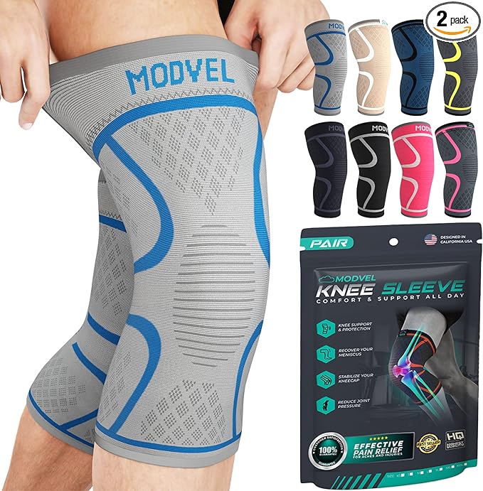 Modvel 2 Pack Knee Brace for Women & Men - Workout Knees Compression Sleeve for Knee Pain Relief Joint Support for ACL, Arthritis, Meniscus Tear Knees Brace for Sports, Rodilleras para Gym Fitness