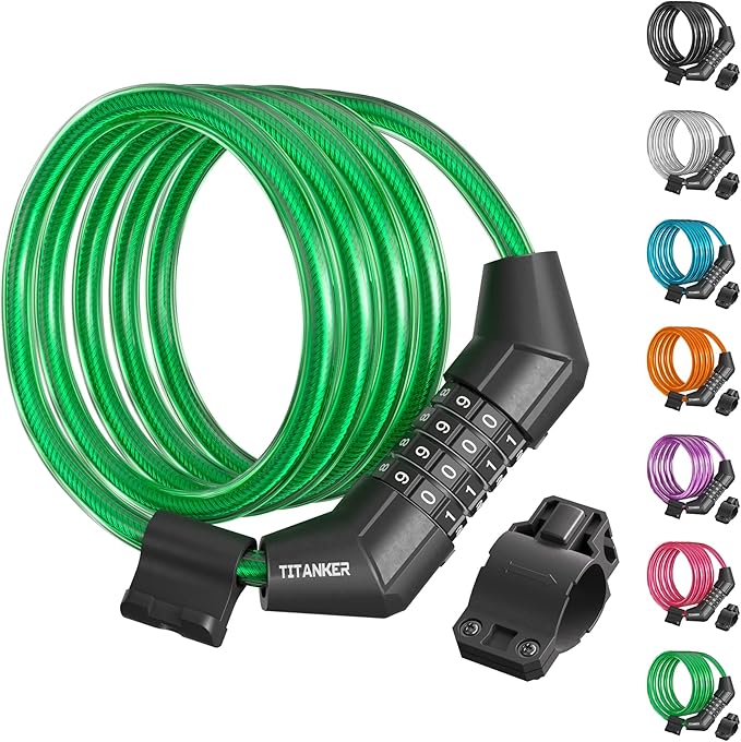 Titanker Bike Lock Cable, 4 Feet Bike Cable Lock Basic Self Coiling Kids Bike Lock Combination with Complimentary Mounting Bracket, 5/16 Inch Diameter (4FT, Green-8mm)