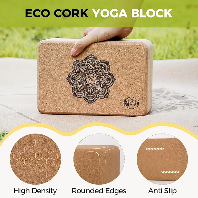 U&M Cork Yoga Blocks 2 Pack Set,Natural Cork High Density 9"x6"x4" Yoga Blocks Odor-Resistant Non-Slip for Yoga, General Fitness, Pilates, Stretching and Toning