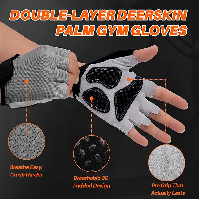 Double-Layer Deerskin Palm Gym Gloves: Anti-Slip Workout Gloves for Men & Women | Weight Lifting, Cycling, Rowing | Breathable 3D Padded Design