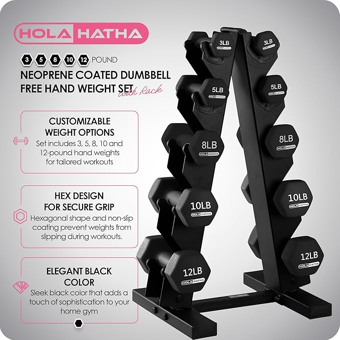 HolaHatha 2, 3, 5, 8, and 10 Pound Neoprene Dumbbell Free Hand Weight Set with Rack, Ideal for Home Exercises to Gain Tone and Definition, Pastel