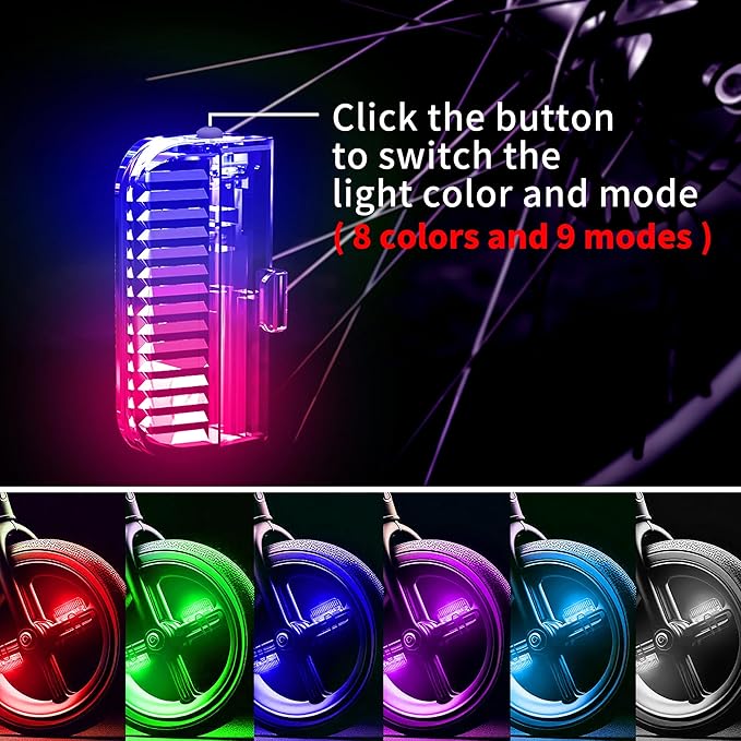 Bike Wheel Lights Rechargeable 4pack, Adults Kids Bike Lights for Wheels 7-Color Variable, Motion Sensor,Fit All Wheel Sizes of Bike,Toddler Balance Bicycle, E-Bike,Waterproof