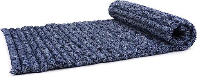Leewadee - Kapok Roll Mat – Handcrafted Folding Sleep & Relaxation Mattress from Thailand, Ideal as Guest Bed, Camping Mat, Yoga Mat or Traditional Futon, 75 x 39 inches, Blue White