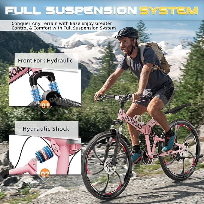 26 Inch Folding Mountain Bike with High Carbon Steel, 21 Speed City Bike with Dual Suspension, Folding Bicycle for Adults Men and Women