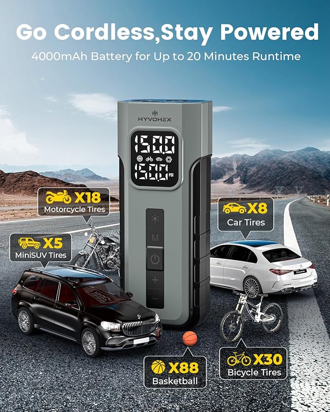 Tire Inflator Portable Air Compressor, 1 Min Fast Inflation Cordless Bike Pump with Digital Pressure Gauge LED Light, 150 PSI Electric Air Pump for Car Tires, Bicycle, Motorcycle, Ball