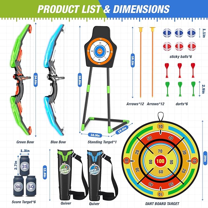 2 Pack Kids Bow and Arrow with 29" Large Dart Board, LED Light Up Archery Set with 24 Suction Cup Arrows, Indoor Outdoor Sport Toys Gifts for 3 4 5 6 7 8 9 10 11 12 Year Old Boys Girls