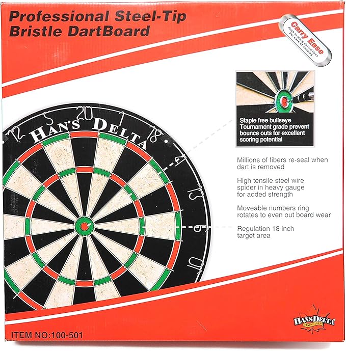 HAN'S DELTA Professional Regulation Dartboard Set, Staple-Free Bullseye, High Tensile Steel Spider Wire, Moveable Numbers Ring, Includes 6 Steel Tip Darts
