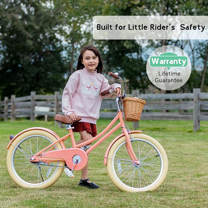 Glerc Little Molly 12-20 Inch Kids Retro Cruiser Bike for 2-13 Year Old with Wicker Basket & Training Wheels/Kickstand, Multiple Colors