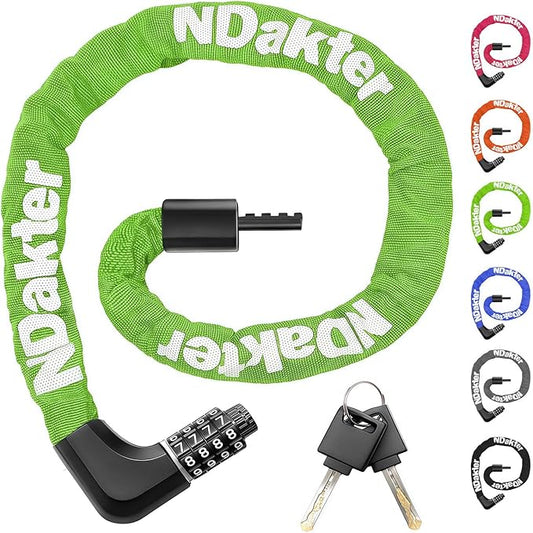 NDakter Upgrade Bike Chain Lock with 4 Digit Combination and 2 Keys, 3.2/4.28 Ft Heavy Duty Anti-Theft Bicycle Lock, 2 Ways to Unlock High Security Scooter Locks for Ebike, Escooter, Door