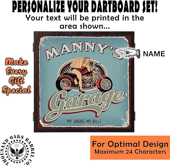 THOUSAND OAKS BARREL CO. | Personalized Dartboard & Cabinet Set with 6 Steel Tip Darts