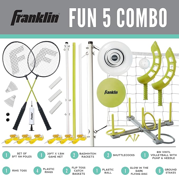 Franklin Sports Fun 5 Combo Outdoor Game Set - Backyard, Beach + Camping Games for Kids - Badminton, Volleyball, Flip Toss, Flying Disc - Horseshoes or Ring Toss