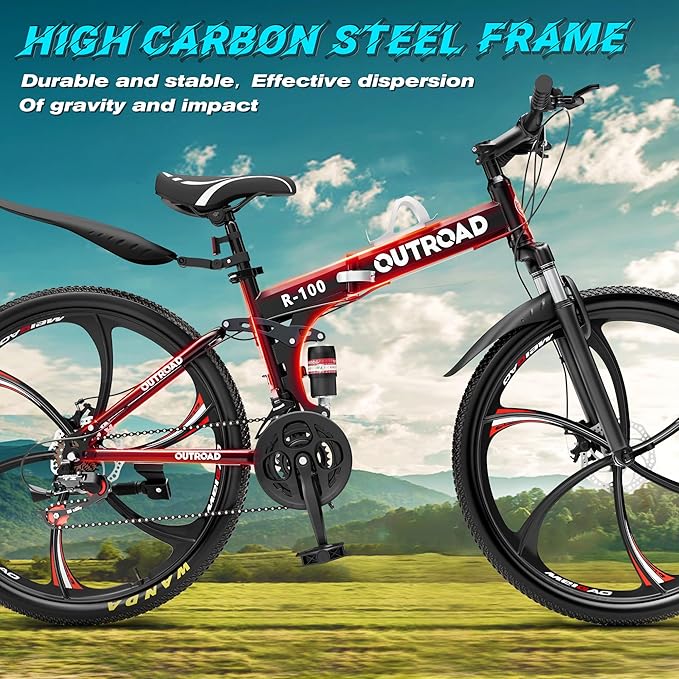 Betterland 26 Inch Folding Mountain Bike, 21 Speeds Full Suspension Foldable Bikes, Dual Disc Brake, High Carbon Steel Frame and Non-Slip Quick Release tire Bicycle for Adult