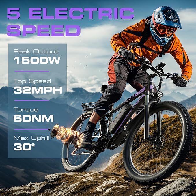 Electric Bike for Adults with Peak 1500W, 80Miles 32MPH Commuting Electric Mountain Bike, 48V 17.5Ah Removable Battery 21-Speed Disc Brakes, 29" Tires and Front Suspension
