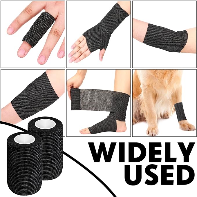 Treela 48 Pack Self Adhesive Wrap Bandage Bulk, 3 Inch x 5 Yard Self Adherent Cohesive Bandage Elastic Athletic Tape Breathable Wound Tape for Stretch Athletic Sports Wrist Ankle(Black)