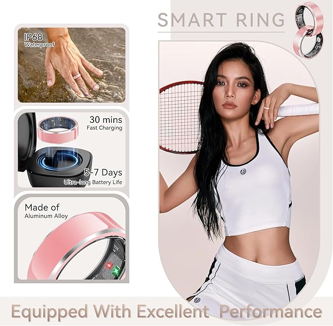 Health Smart Ring for Men Women, Fitness Tracker with Heart Rate/Blood Pressure/Blood Oxygen Monitor,Sleep Tracker,Pedometer, IP68 Waterproof Ring for iPhone&Android, No Subscription (Pink, Size8）