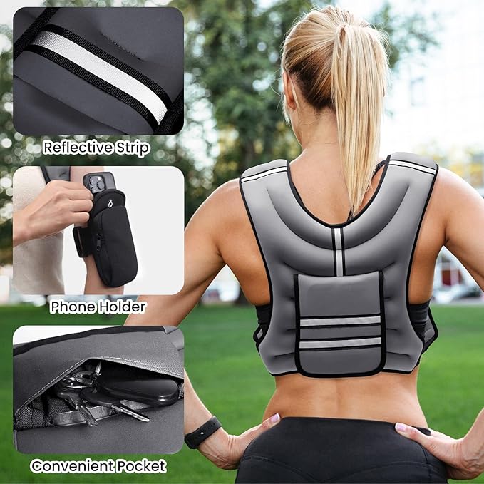 Fragraim Adjustable Weighted Vest for Women Men, 8-12lb/14-18lb/20-24lb/26-30lb Weight Vest with 4 Removable Iron Weights, Phone Holder and Back Pocket, Vest for Walking,Strength Training, Running