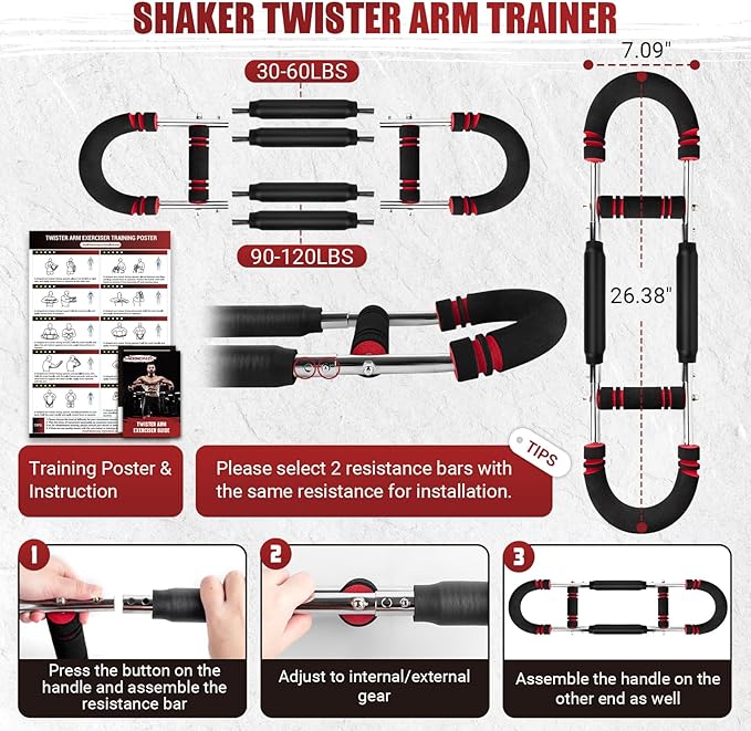 Twister Arm Trainer, Adjustable Twister Arm Chest Exerciser with 2/4 Spring & Training Poster for Men & Women, Detachable Power Twister Home Fitness Equipment for Enhancing Upper Body Muscle