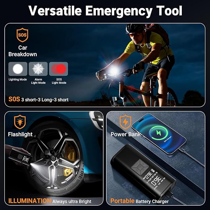 Tire Inflation Portable Air Compressor, 6x Speed 150 PSI Cordless Multi-Function Smart Air Pump with Digital Pressure Gauge - Fast Tire Inflator for Cars, Motorcycles, Pickup, Balls and More