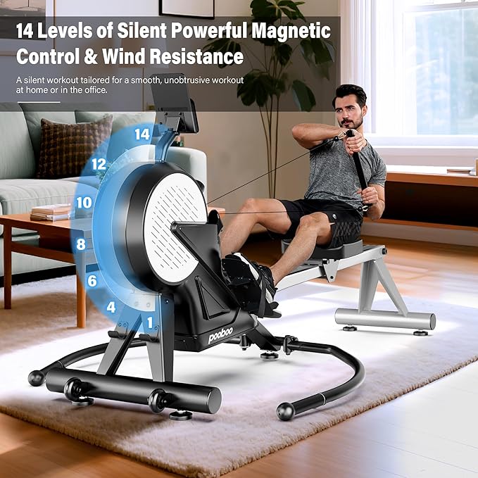 pooboo Rowing Machines for Home, Dual Wind & Magnetic Resistance, Foldable Row Machine 400 LB Weight Capacity, 14 Levels Resistance Quiet Rowers for at Home Exercise, App Supported