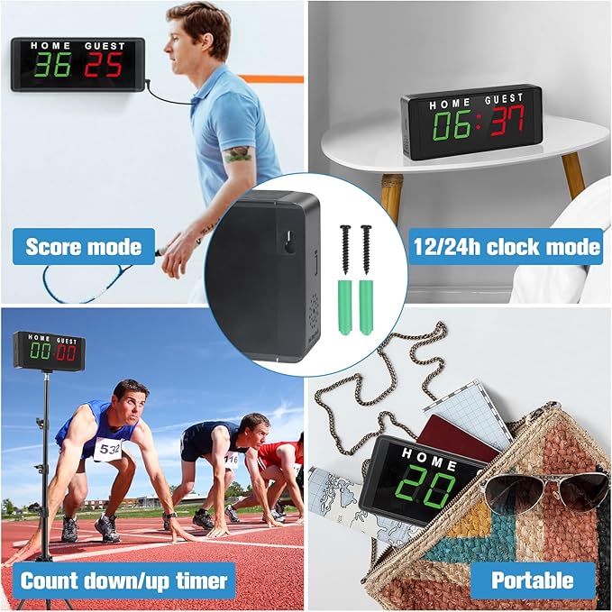 Samshow LED Electronic Scoreboard Digital Score Keeper with Remote & Tripod, Basketball Scoreboard with Shot Clock & Timer & 12/24h Real Time for Football/Corn Hole/ping Pong/Table Tennis