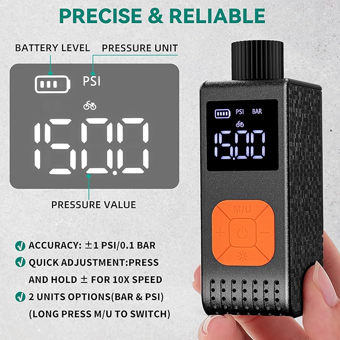 YITAMOTOR Mini Electric Bike Pump with Gauge Max 150PSI, Bike Tire Pump Portable, Rechargeable Bicycle Air Pump Auto Stop with Presta and Schrader Valve for MTB Road Bike Mountain Bike and Balls