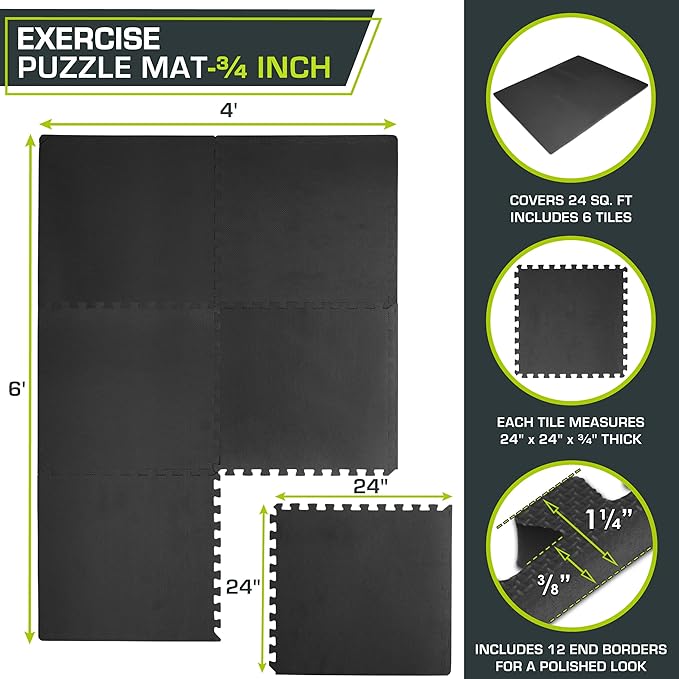 ProsourceFit Extra Thick Puzzle Exercise Mat , EVA Foam Interlocking Tiles for Protective, Cushioned Workout Flooring for Home and Gym Equipment, Black - 3/4 inch - 24 Sq Ft - 6 Tiles