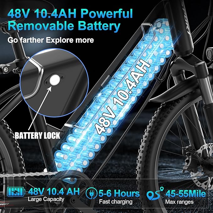 F26 Electric Mountain Bike for Adults,1500W Peak Motor, 55-Mile Range, 28MPH, 48V 10AH Detachable Battery, 7-Speed, 26-Inch Tires and Front Fork Fuspension Commuter Electric Bicycle