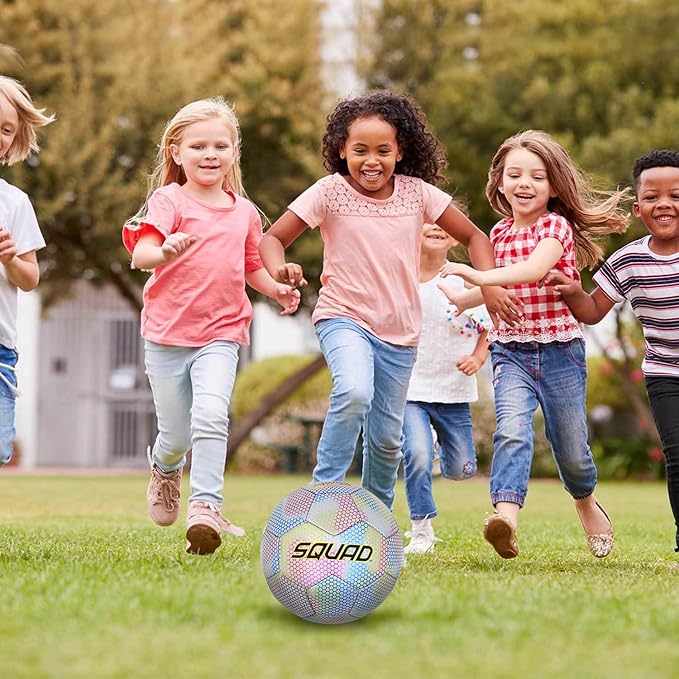 SQUAD Holographic Reflective Soccer Ball Size 5 - Reflective Glowing Ball for Night Games & Training - Durable PU Leather and Rubber Airbags - Cool & Unique Gift for Soccer Fans