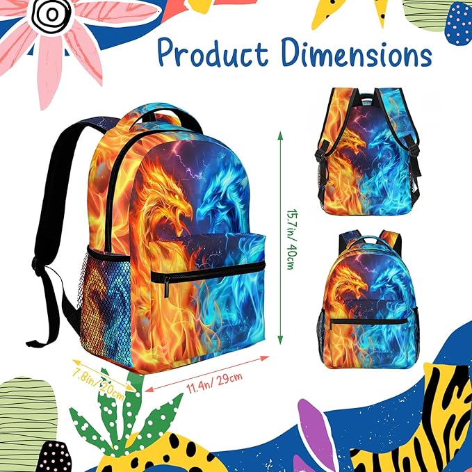 Dragon Backpack for Boys Girls Red Blue Fire Bookbags Lightweight Adjustable Elementary Middle High School Bags for Kids Children Teenagers Travel Daypack Cool Lightning Galaxy Backpacks Gifts