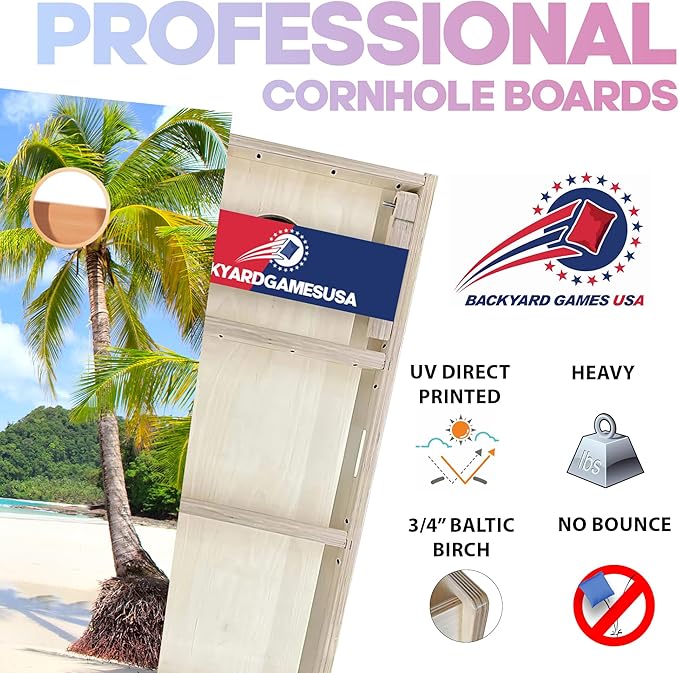 CornholeGamesUSA Pro Cornhole Boards Set | Made in USA | 3/4 Baltic Birch | No Bounce | Triple Thick Legs | Two Brace & Handles, Tournament 2x4 Regulation Set with Score Tower & Cornhole Bags