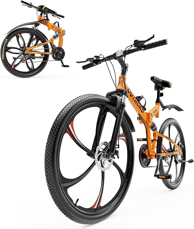 26 inch Folding Mountain Bike, Carbon Steel Frame and 21 Speed, Double Disc Brake and Dual Suspension Folding Bike for Adults/Men/Women, Easy Assembly Bicycle(Black/Green/Orange)