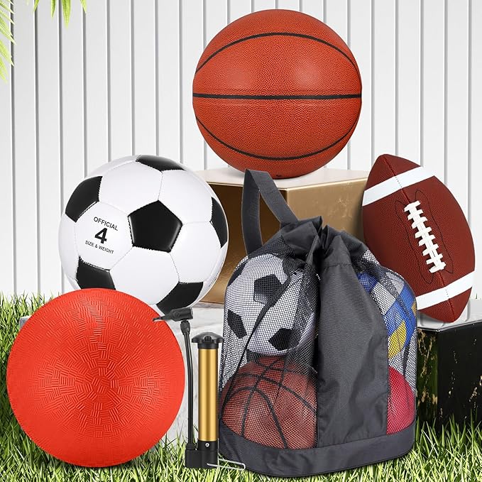 Deekin 4 Pcs Sport Balls Set for Kids Teens, Include Official Size 5 Basketball 4 Soccer 6 Football Playground Ball and Pump Sports Equipment Bag Recess Equipment Sport for Students(Normal Color)