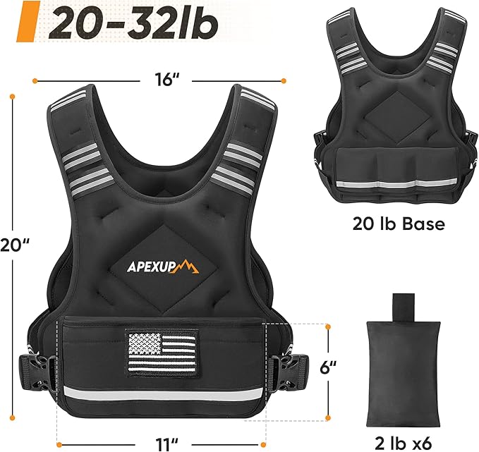 APEXUP Adjustable Weighted Vest, 4-10lb/12-18lb/20-32lb Vest with 6 Ironsand Weights and Large Pocket, Weight Vest for Men Women Strength Training, Running, Walking