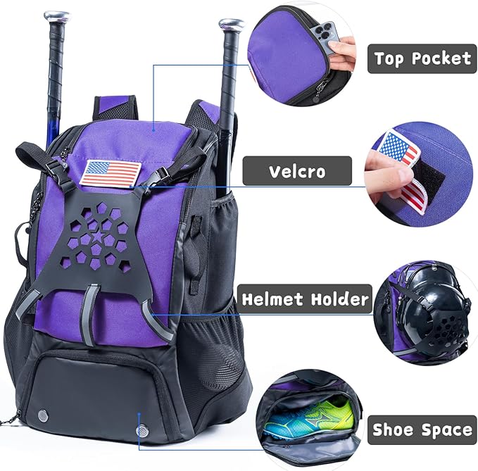 Baseball Backpack for Youth, Boys, Adults - Bat and Softball Equipment Bag With Glove Holder, Helmet, Shoes Compartment - T-Ball Accessories and Baseball Gifts
