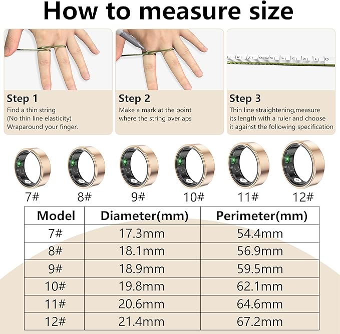 Thin Smart Ring for Fitness & Health Tracking -Pedometer,Sleep/Heart Rate/Blood Oxygen Monitor, Gesture Control / 5ATM Waterproof -No APP Subscription Compatible with Android& iOS (Rose Gold, 8)