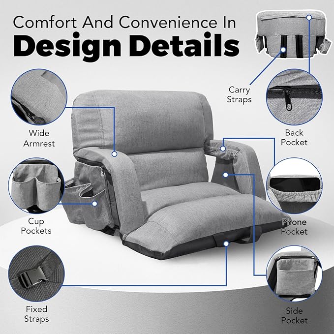 Wide Stadium Seats With Back Support 2 Pack, Exclusive "Sofa Style" Design Extra Thick Bleacher Chairs With Back and Cushion, 6 Reclining Positions - Ultimate Comfort for Sports Events (Grey, 22.5")