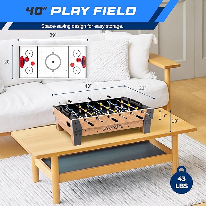 SereneLife 38” Table Top Air Hockey and 40” Foosball Set, 2-in-1 Swivel Game Table with Soccer Balls, Pushers, and Pucks for Game Rooms, Arcades, Bars, Parties, Family Gatherings