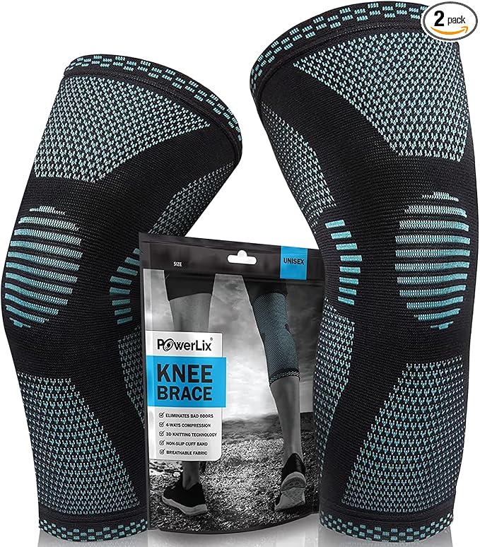 POWERLIX Knee Compression Sleeve (Pair) - Best Knee Brace for Knee Pain for Men & Women – Knee Support for Running, Basketball, Volleyball, Weightlifting, Gym, Workout, Sports
