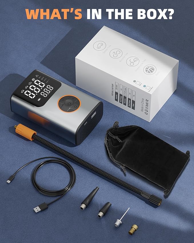 Tire Inflator Portable Air Compressor, Bike Pump, 150PSI Air Pump for Car Tires with LCD Dual Screen and Digital Tire Pressure Gauge, Air Compressor for Bicycle, Motorcycle, Compact Car, Ball