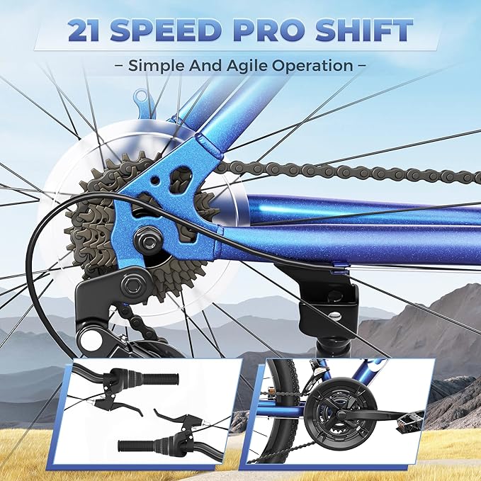 26 inch Mountain Bike with 7/21 Speeds Lightweight Cycling Bicycles, Dual Disc/V Brake,Metal Frame Bicycle for Men and Women, Adult Racing Bike, Road Bike(Blue/Grey/Black)