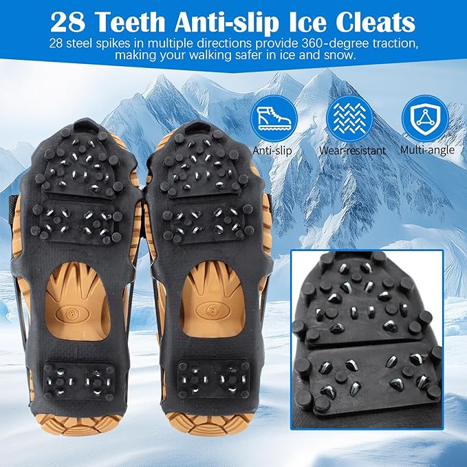 Ice Snow Traction Cleats Crampons, 28 Teeth Snow Spikes for Shoes and Boots, Rubber Anti Slip Ice Snow Grippers, Ice Cleats for Walking On Snow and Ice, Hiking, Climbing