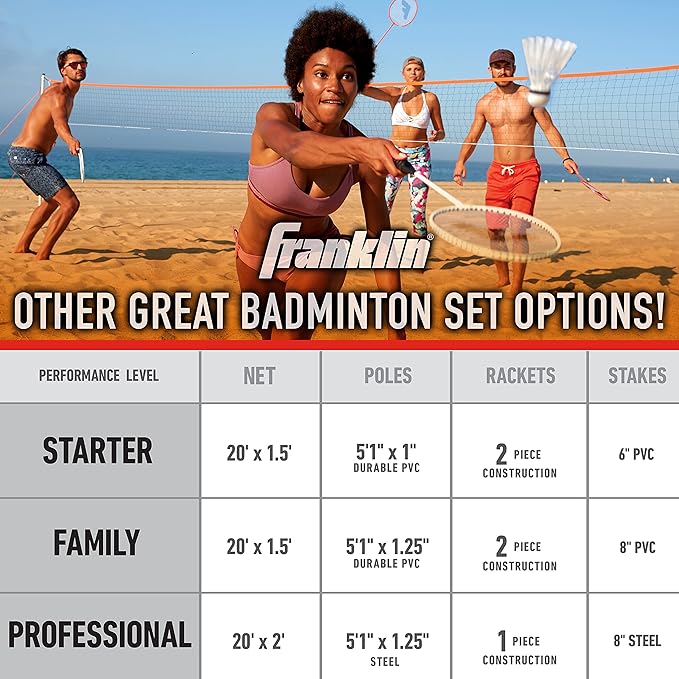 Franklin Sports Badminton Net Sets - Outdoor Backyard + Beach Badminton Net + Equipment Set - (4) Rackets + (2) Birdies + Portable Net Included - Adults + Kids Set