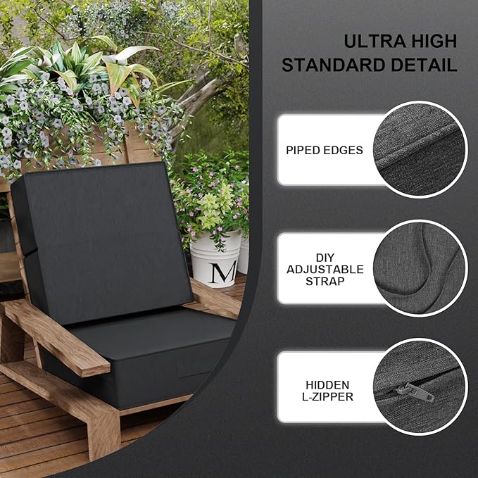 6 Inch Thick Foldable Deep Seat Cushion, 2 PCS 23 x 26 Inch Outdoor Water & Fade Resistant Olefin Patio Furniture Replacement Chair Cushion, with Removable Cover, Handle and Straps, Dark Gray