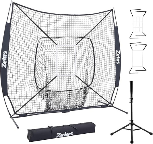 ZELUS 7x7 ft Baseball Softball Practice Net, Hitting and Pitching Net with Adjustable Batting Tee 2 Strike Zone, Portable Baseball Backstop Net with Carry Bag, Great for All Skill Levels
