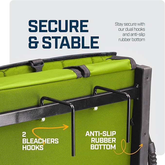 Extra Wide Folding Reclining Stadium Seat with Back Suppot for Bleachers, Bleacher Hooks, Thick Cushion, Cup Holder, Storage Pockets – Portable Chair for Kayak, Canoe, Paddle Board, Concerts, & Sports