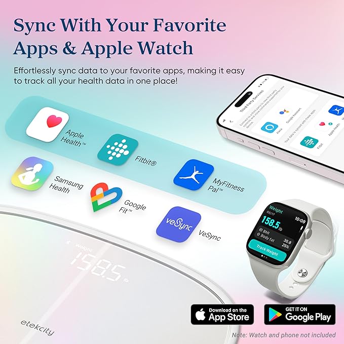 Etekcity Smart Rechargeable Scale for Body Weight, BMI, Fat, Muscle Mass, Digital Bathroom Scale with 13 Metrics, Secret Mode, Bluetooth Connect to Free Apps, Rainbow White