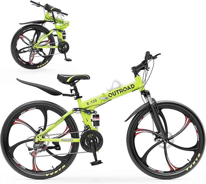 Outroad Folding Mountain Bike Foldable/Unfoldable Bike 26 Inch for Adult, 21-Speed Dual Suspension High-Carbon Steel MTB Foldable Bicycle, Dual Disc Brake Folding Bikes for Women and Men