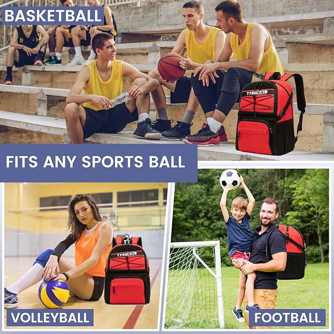 Basketball Bag Backpack with Ball Holder and Shoes Compartment,Best for Basketball, Soccer, Volleyball, Gym. (RED)