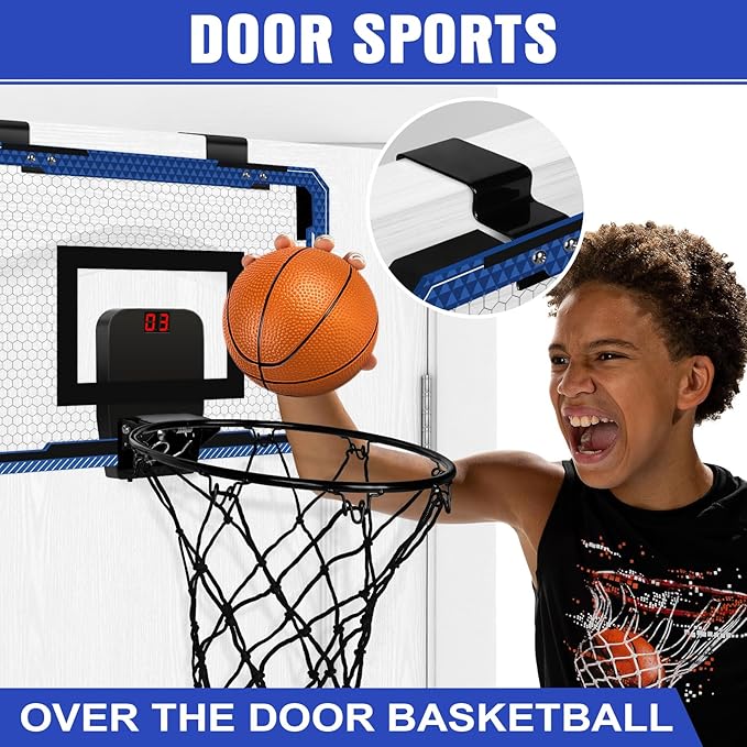 Indoor Mini Basketball Hoop with Electronic Scoreboard - Over The Door Basketball Hoop with 3 Balls, Mini Hoop Door & Wall Office Bedroom Score Basketball Hoop for Kids and Adults